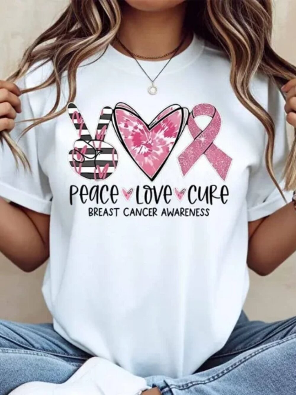 Peace Love Cure Breast Cancer Awareness Graphic T‑Shirt